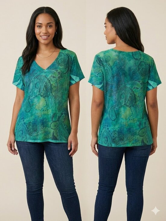 Appropriate Behavior Tops - Appropriate Behavior Teal Green Paisley V-Neck Blouse Top Sz XL Short Sleeve